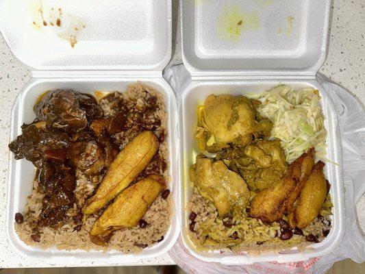 Brown Stew Chicken, Curry Chicken, Rice and Peas, Plantains