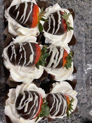 Valentines chocolate and vanilla cupcakes with whipped cream topped with chocolate covered strawberries.