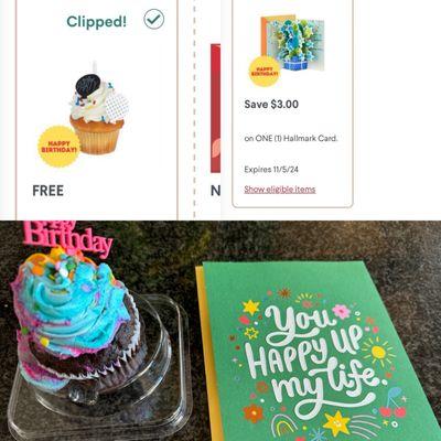 Free birthday cupcake and $3 off greeting card