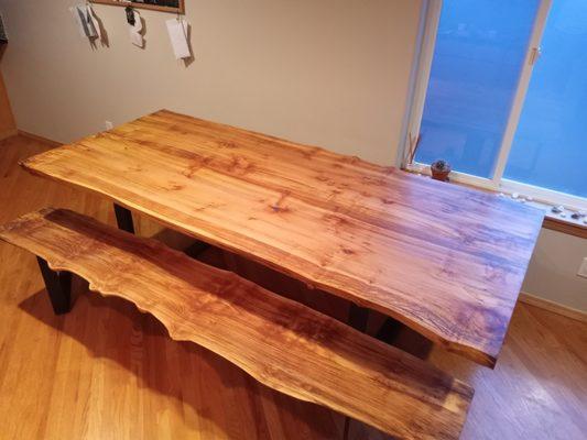 Custom, live-edge, maple table and bench set.