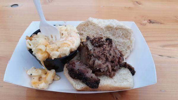 Sample of brisket and smoked mac n cheese.