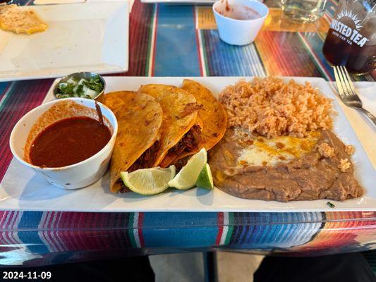 Gloria's QuesoBirria Tacos (with rice and beans)