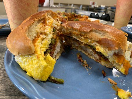 Delicious fried chicken and egg breakfast sandwich. Great chipotle sauce too.