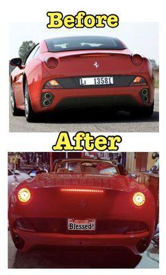 Before and After photo of brake lights re-wire of Ferrari California.