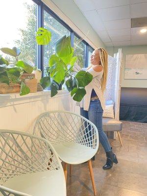 Our walk-sauna room faces the heated stone therapy room, but it's the beautiful plants that brings these two rooms to life.