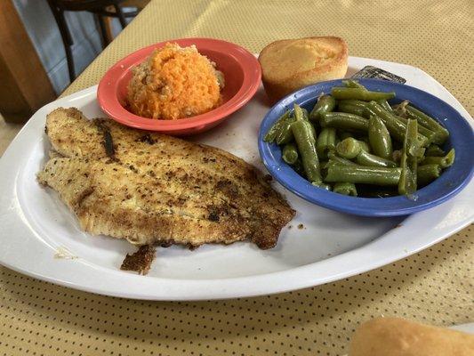 Grilled catfish , green beans, sweet potato casserole