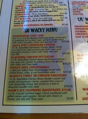 $10 wacky menu