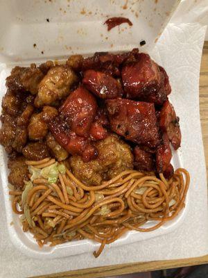 chow mein with orange chicken & bbq chicken