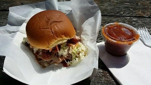 Pulled pork sandwich and beans