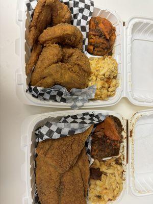 Fried fish, fried chicken, Mac and cheese, & yams