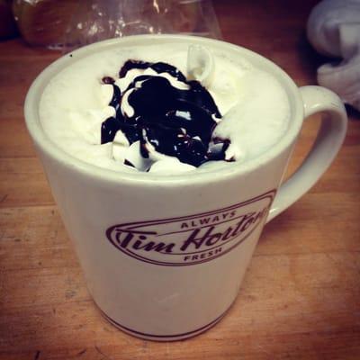 White Hot Chocolate with whip cream and chocolate drizzle