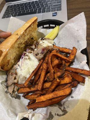 BBQ Brisket Hoagie and Sweet Potato Fries