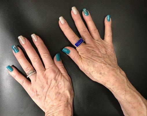 This lady had matching toenails in turquoise, and her hands were exquisite! All done at Elegant Nails!