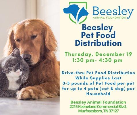 Accepting pet food for Outreach. Quarterly distribution is 12/19/24.