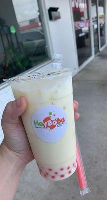 Banana milk with strawberry popping boba