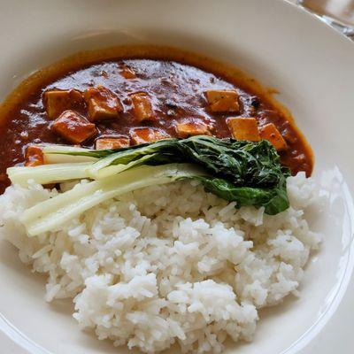 Mapo tofu w/bok choy and steamed Jasmine rice. No meat, naturally spicy dish.