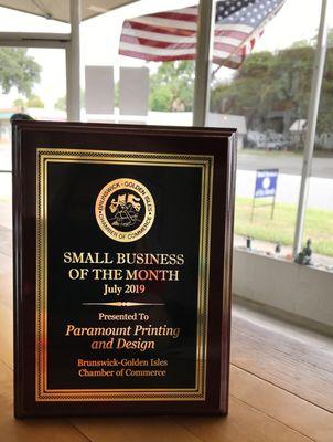 Paramount Printing was afforded first Small Business of the Month Award from the Chamber of Commerce this year.