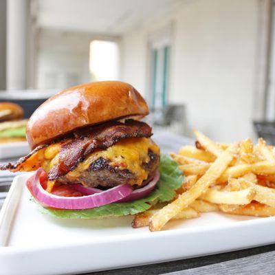 House Bacon Burger & fries on the patio