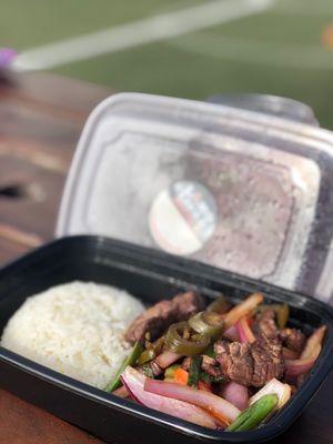 Lomo Salted Bowl with steak- added jalapeños and house spicy sauce