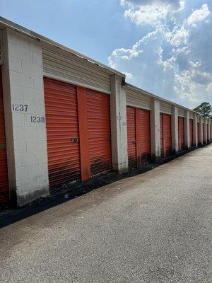 Several of the many exterior storage unit doors evident of water damage and mold. Located in the rear storage unit property.