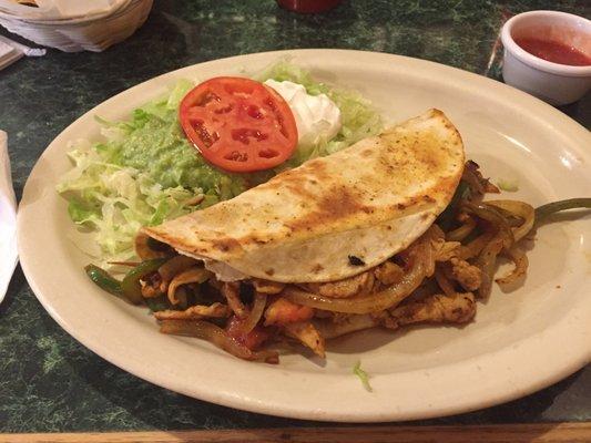 Chicken quesadilla. It's stuffed full !