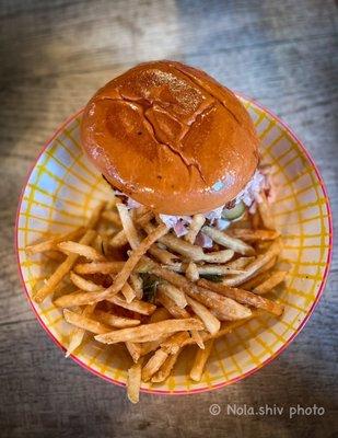 DEEP SOUTH + ROSEMARY FRIES  fried chicken sandwich + homemade pickles + coleslaw + Honduran crack sauce