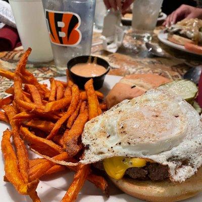 Breakfast Burger w/ Sweet Potato Fries