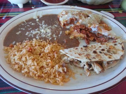 Combo tamales and quesadilla with beans and rice