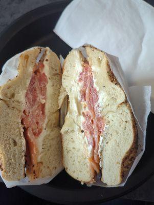 Everything bagel with lox cream cheese and tomato.