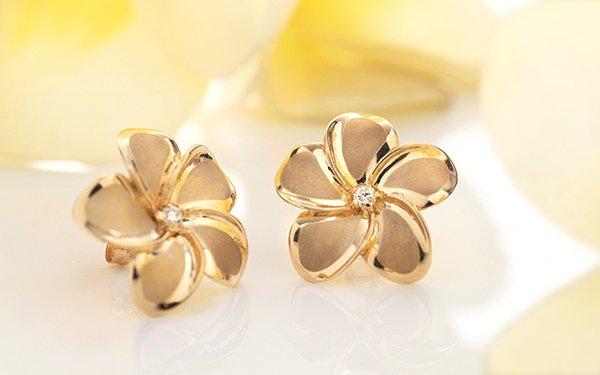 14K plumeria stud earrings with diamond centers