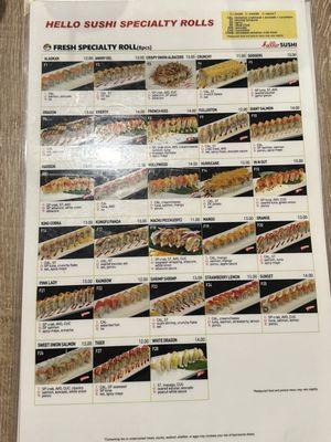 Specialty rolls menu