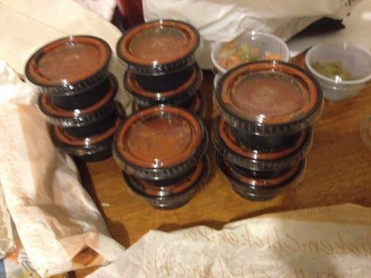 Brought some Taco Bueno home. Who in their right mind needs 11 salsas to feed 3 people?!? I need 1 for 2 items.