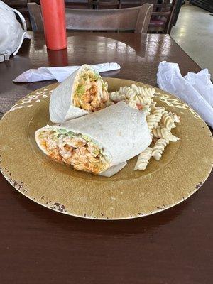 Buffalo chicken wrap with side of pasta salad