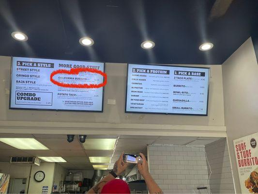 You will see circled is a cali burrito with steak for $12.25. I ordered two, was charged $25 plus an additional $2 for the steak.