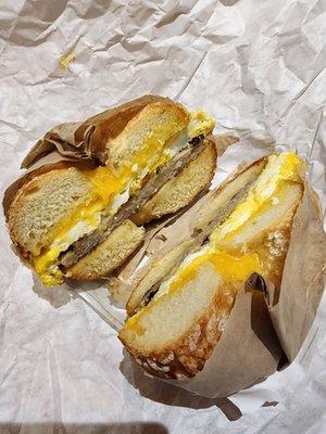 Breakfast Sandwich - salt bagel, sausage, scrambled eggs, cheese