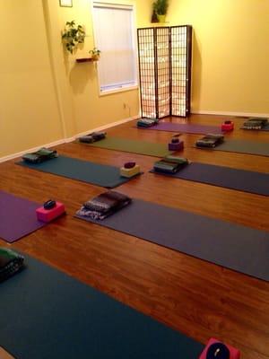 View of yoga studio from the entrance. Studio can hold 9 students comfortably.