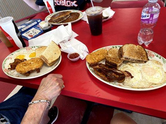 Egg platters, pancakes, cold brew coffee