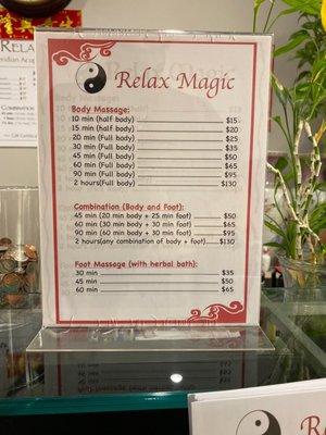 Massage menu