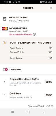 2.13.23 Free med iced coffee using the app. Score :-)