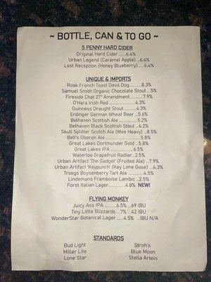 Imports, Bottled, and Canned Beer Menu