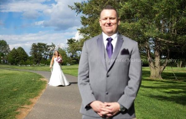 A first look focused on the bride, on the golf course!  Www.jennifermchughphotography.com