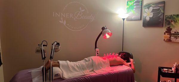 Cupping, mineral hot stones, essential oils, acupuncture, targeted massages throughout treatment