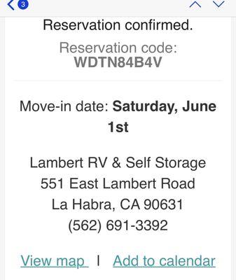 My email confirmation I've reserved a storage to move in June 1.