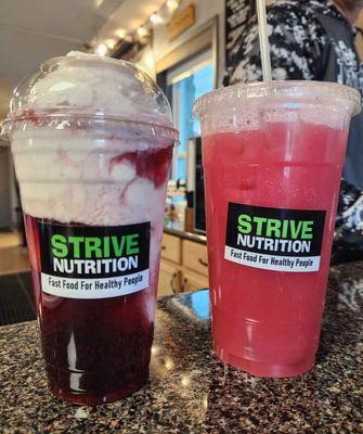 The White Chocolate Cheesecake Shake BOOSTED with a Blackberry Spark Liftoff and a Summertime Tea enhanced with 7.5g lean protein.