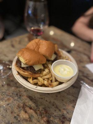 Smash burger, fries, sauce (I think it was lyonnaise?)