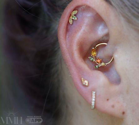 Daith and helix with gold and genuine stones