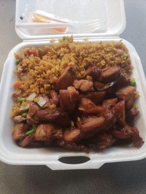 Bourbon chicken combo ($11) (Includes eggroll -Already eaten lol)