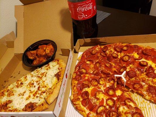 Trio pizza, cheesy bread, buffalo wings