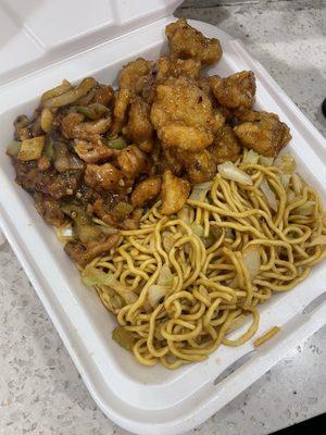 Pepper chicken + orange chicken