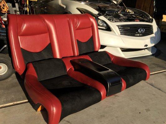 These seats where stock G37 coupe rear seats. Had them upholstered in burgundy leather and perforated suede.